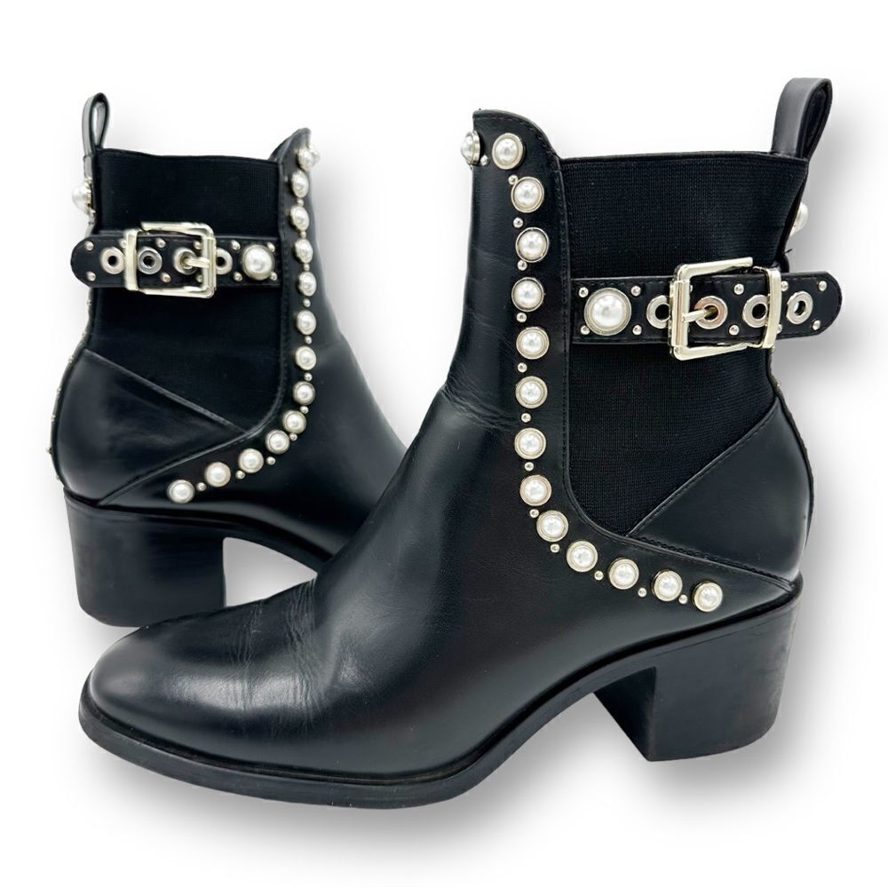 Zara Pearl and Stud Black Botin Mid Heel Ankle‎ Boots 37 US 6.5 - Picture 2 of 14